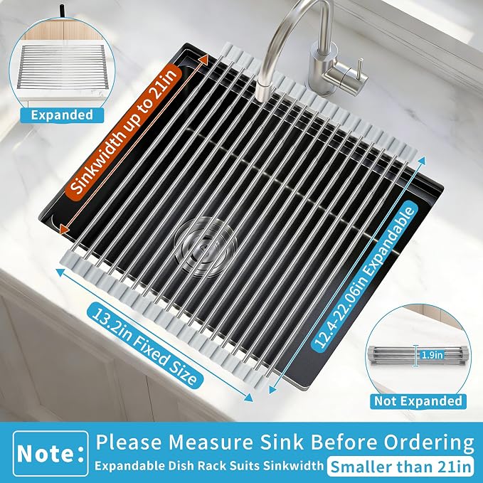 Expandable Roll-UP Dish Drying Rack-Large 304 Stainless Steel Dish Drainer Over The Sink for Kitchen Countertop,Extendable & Rollable & Food Grade (Silver,22.08'x 13.2') - Image 2