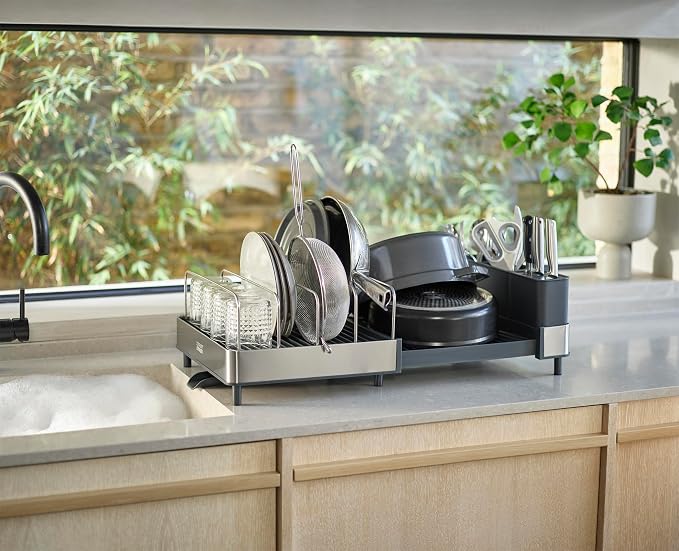 Joseph Joseph Extend Max Steel Expanding Dish Drying Rack, high Capacity for Large Items, Cutlery and Knife Holder, Swivel Draining Spout, Stainless Steel - Image 3
