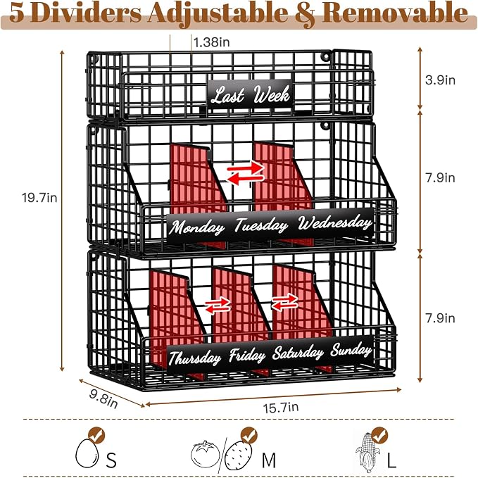 Egg Holder Countertop, Large 3T Chicken Egg Basket for Gathering Fresh Eggs | Egg Storage Organizer with Adjustable 5 Divider & Label, Stackable Wall Mounted Egg Collecting Basket Rack, XXL Black - Image 2