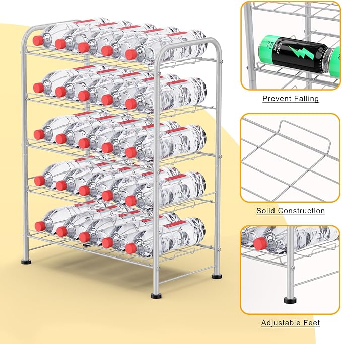 Water Bottle Holder Organizer 5 Tier Water Bottle Storage Rack, Freestanding Floor Beverage Soda Can Dispenser Organizer Rack for Pantry, Kitchen Countertop, Cabinet, Office, Hold 30 Bottles, Silver - Image 3