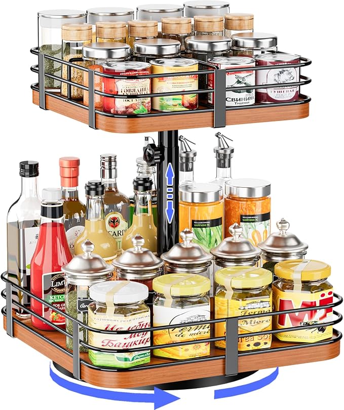 12 Inch Square Lazy Susan Organizer, 2 Tier Adjustable Wood Rack | Removable Divider Rack, 360° Rotating, Adjustable Height, For Pantry, Cabinet, Bathroom & Dining Table by Unknown