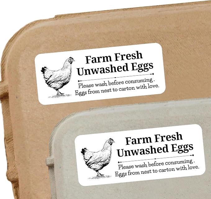 120 Chicken Egg Carton Labels Stickers | White | Farm Fresh Eggs | 4 6 12 15 18 30 48 50 Count - Basket Box Container Extra Organizer Farm Supplies, 66mm x 26mm - Image 3