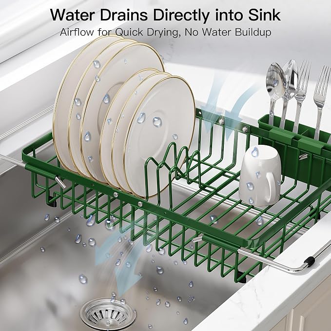 JASIWAY Green Dish Drying Rack Over the Sink with Utensil Holder | Expandable Stainless Steel Dish Driainers for Small Kitchen, Apartment, Counter Space Saving, Fast Drain, Rust Resistant - Image 6