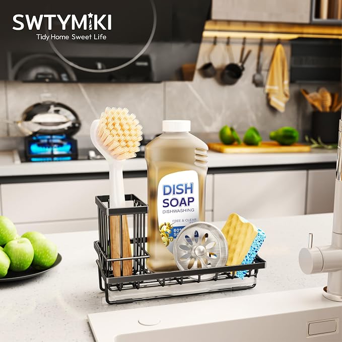 SWTYMIKI Sink Caddy Sponge Holder - Kitchen Sink Organizer with High Brush Holder for Countertop to Hold Dish Soaps and Sponges, Stainless Steel, Black (Pack of 2) - Image 7