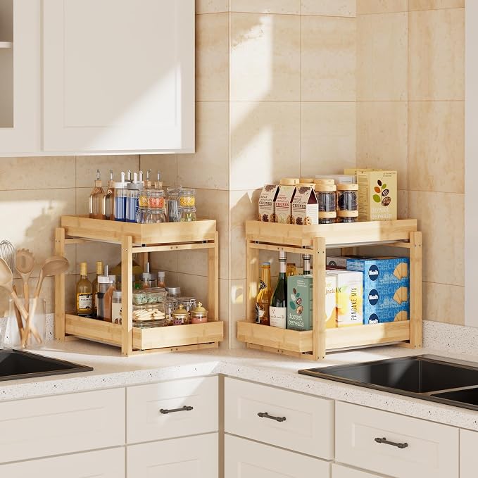 APRTAT 2 Pack Bamboo Under Sink Organizer, 2-Tier Pull Out Storage Drawers | Smooth pull-out drawers keep cleaners and tall bottles visible, organized and easy to reach in kitchen or bathroom cabinets - Image 4