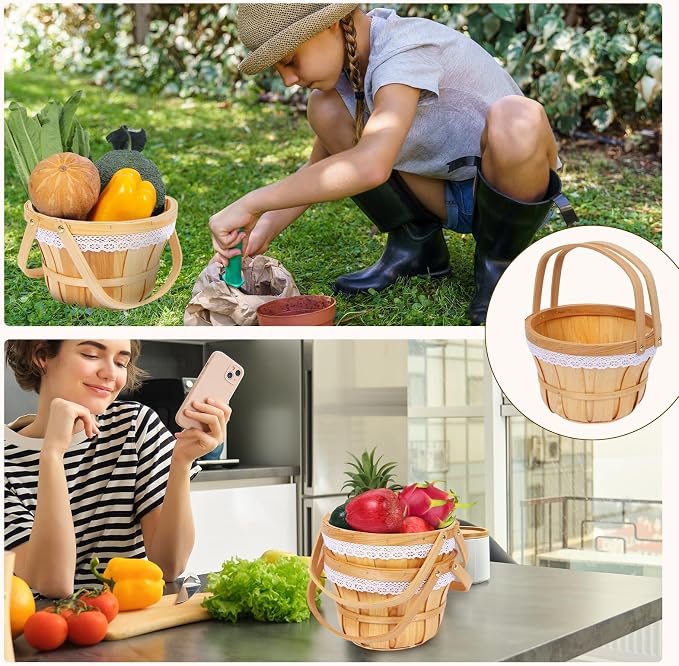 Wooden Baskets 10" x 6.5", 10 Pack Natural Apple Harvest Baskets | Round Handled Baskets Hold Produce, Flowers, Easter Eggs Or Favors for Farms, Markets, Weddings, Parties and Decor - Image 4