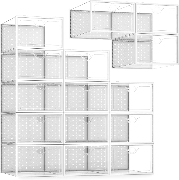 15 Pack X-Large Shoe Storage Boxes, Shoe Organizer Clear Stackable | Fit US Size 11, 6.2” Height, Shoe Dispaly Case Holder Bins Sneaker Storage for Sneakerheads, For Home and Family, White by Pinkpum