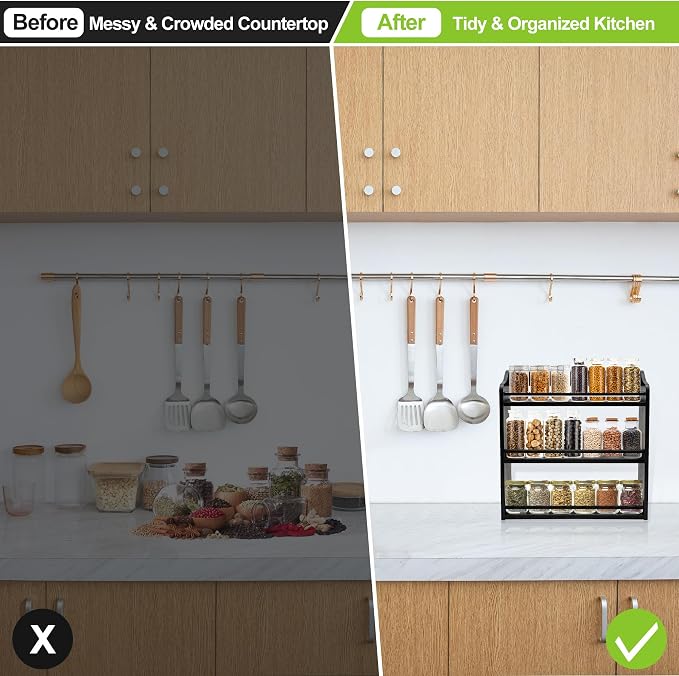 3 Tier Bamboo Spice Rack Wall Mount or Countertop,Spice Organizer | Seasoning Jars Rack Spice Shelf Organizer for Kitchen Counter or Wall Mounting (Black) - Image 3