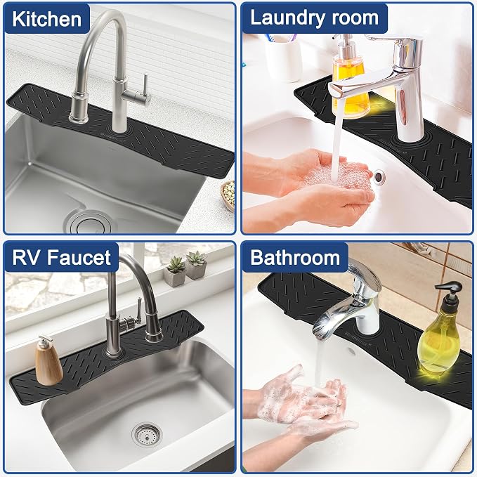 Faucet Mat for Kitchen Sink – 24” x 5.1” Extra-Long Silicone Splash Guard with 10° Slope & Upgraded Drainage – Gen 3 Sink Water Catcher & Sponge Holder for Kitchen, Bathroom (Black) - Image 7