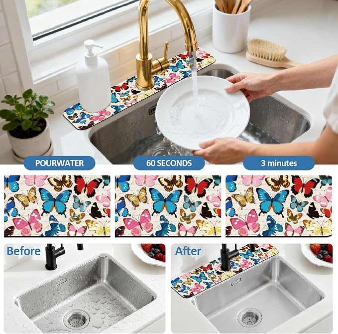 2 Pcs Kitchen Sink Splash Guard Faucet Mat Butterfly Pattern Faucet Mat for Sinks Absorbing Drying Mats for Kitchen Bathroom, 23.6x5.5inch - Image 5