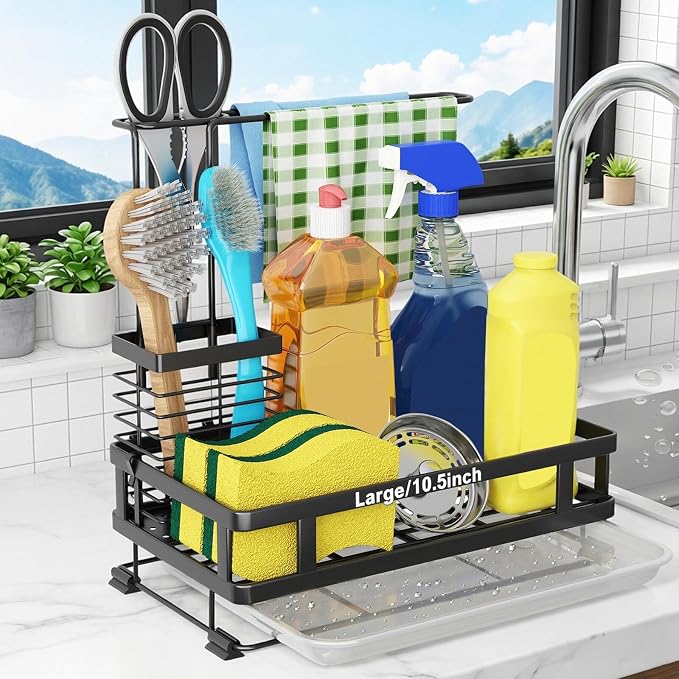 Kitchen Sink Organizer with Brush Rack - Sink Caddy with Drain-Pan | Stainless Steel Sponge Holder for Kitchen Sink with Towel Rack, Organizer for Dish Soap Dispenser, 10.5"L × 5.9"W × 10.5"H by Godboat