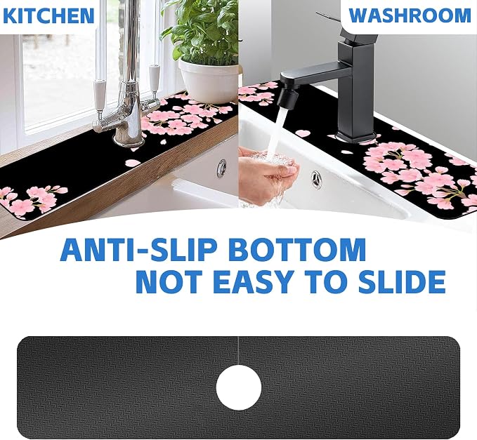 Faucet Mat for Kitchen Sink Romantic Cherry Blossoms Sink Splash Guard Behind Faucet Soft Diatom Mud Material Non-slip Easy to Clean for Bathroom & Kitchen 24"X5.5" - Image 7