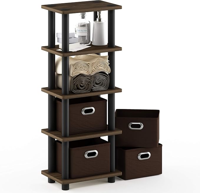 Furinno Turn-N-Tube Toolless 4-Tier Storage Shelves, Columbia Walnut | Narrow Open Frame Book Shelf with Storage Bins, for Organization, for Living Room, Garage, Home Office - Image 5