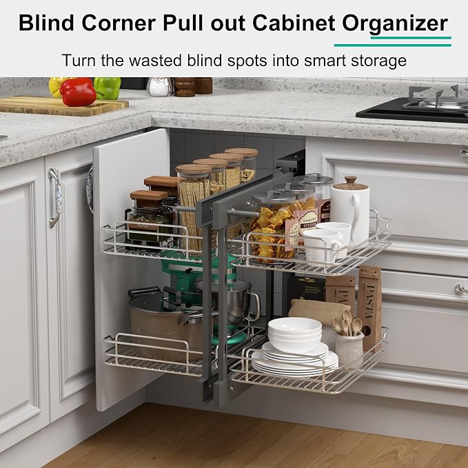 Blind Corner Cabinet Pull Out 2 Tier 4 Shelves Magic Corner Kitchen Cabinet Pull Out Shelf Organzier Soft Close Bottom Mount Min Opening 15in，Metal - Image 2