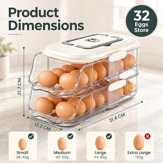 2-Tier Fridge Egg Organizer and Stackable Egg Container for Refrigerator with Dispenser Tray - Image 2