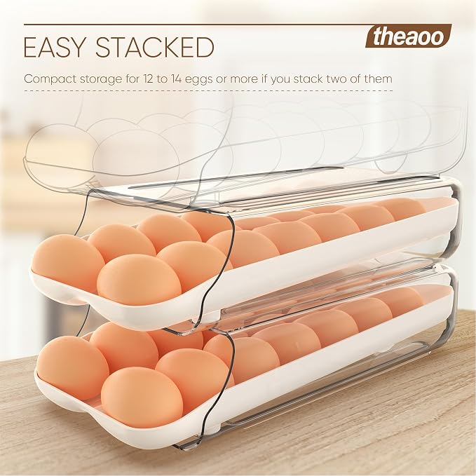 theaoo Egg Holder for Fridge, Automatic Rolling Egg Container, White, 2Pack | Quick Removable Inner Tray For Easy Egg Loading. Stackable Egg Dispenser For Refrigerator Storage And Organization - Image 5