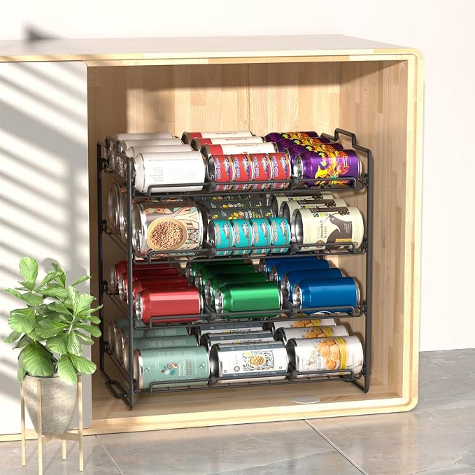 4 Tiers Stackable Can Rack Organizer, Wear-resistant Upgrade Beverage Food Can Dispenser Holder Holds up to 48 Cans for Kitchen Cabinet and Pantry (Black) - Image 5