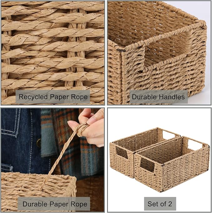 Wicker Storage Basket, Set of 2 Hand-Woven Paper Rope Wicker Basket, Small Storage Baskets for Organizing Toilet Paper Basket, Foldable Large Cube Storage Organizer Bins for Shelves (Natural) - Image 4