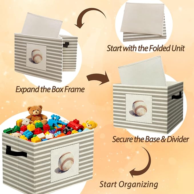 Rustic Baseball Storage Bins Boxes Handles | grey striped nursery foldable basket for organizing bedroom toddler playroom - Image 6