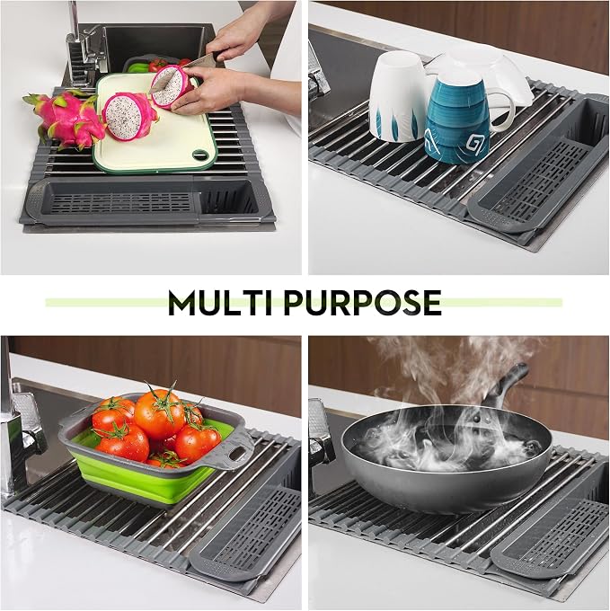 Roll Up Dish Drying Rack Over The Sink, 304 Stainless Stee Dish Drainer, Foldable & Adjustable Sink Drying Rack for Kitchen Sink Counter with Utensil Holder (Gray, Roll Up,Medium,Expandable) - Image 3