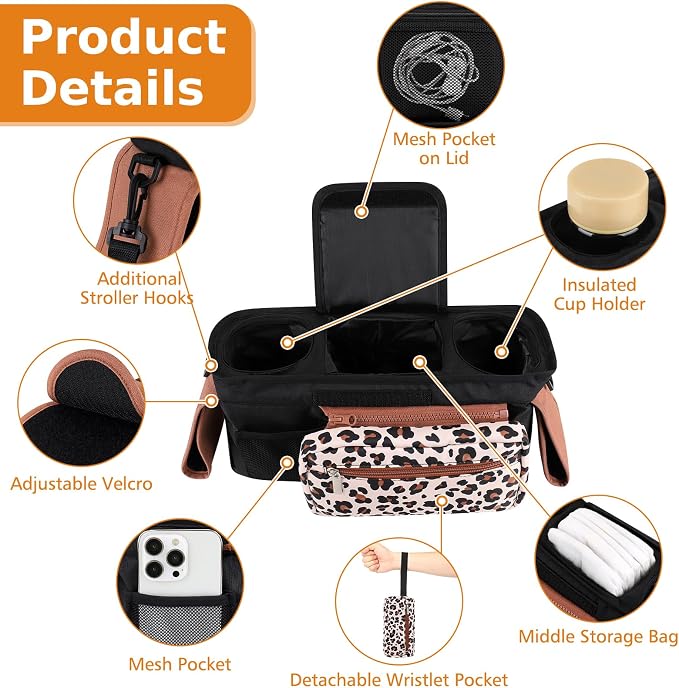 Accmor Universal Stroller Organizer with Insulated Cup Holder Detachable Phone Bag and Shoulder Strap,Stroller Bag Caddy Organizer for Uppababy, Baby Jogger, Britax Strollers - Image 4