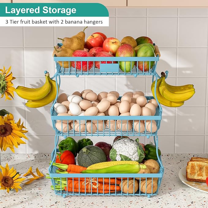 3 Tier Fruit Basket for Kitchen Counter with 2 Banana Hangers, Countertop Metal Fruit Bowl with Wooden Handle, Large Storage Stand for Vegetables, Snacks, Breads, Produce Storage – Blue - Image 3