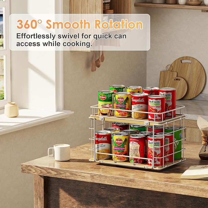 360° Rotating Lazy Susan Can Organizer for Pantry, Holds 26 Cans, White | 2-Tier Metal Wire & Wood Turntable Can Rack Holder, Storage for Canned Goods, Kitchen Pantry Cabinets & Countertops - Image 8