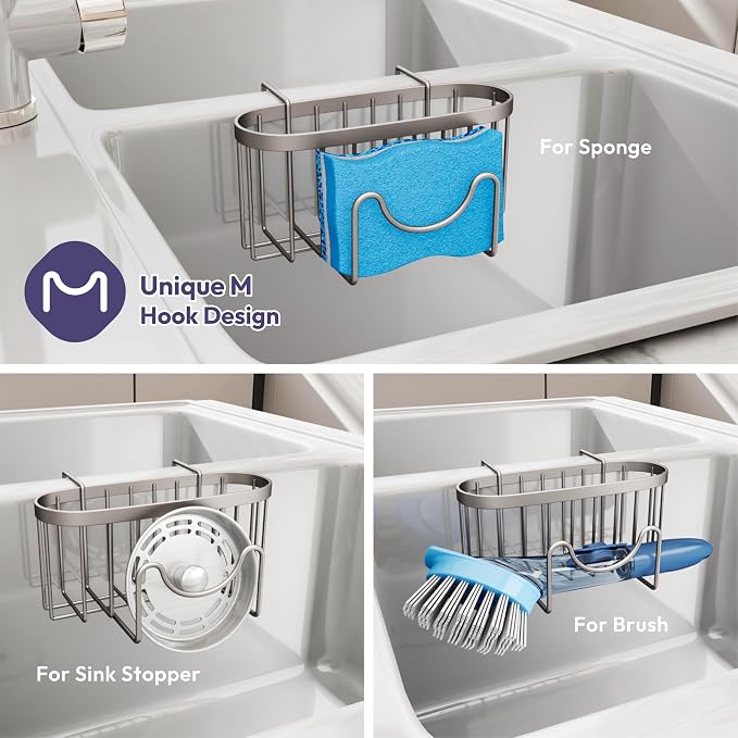 SWTYMIKI Sponge Holder for Kitchen Sink - Movable Kitchen Sink Caddy with M Shape Hook, Stainless Steel Hanging Sponge Caddy for Dish Sponge, Brush, Stopper Organizer in Double Sink, Sand Nickel - Image 3