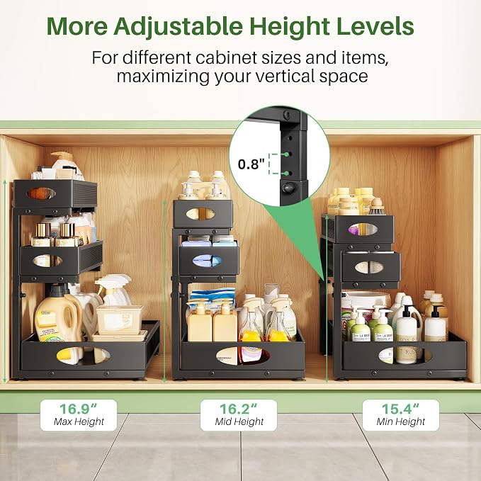 Kitstorack Under Sink Organizer 3-Tier Slide Out Drawer 1-Pack Black | Height Adjustable, Metal Mesh Storage Rack, Pull out Cabinet Organizer Shelf for Bathroom Kitchen Pantry Home Organization - Image 5