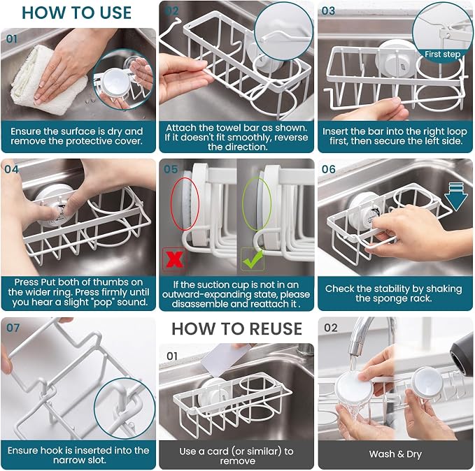 TAILI 4-in-1 Sponge Holder for Kitchen Sink with Strong Suction Cup-White | Removable Rustproof 304 Stainless Steel Multi-compartment Sponge Holder with Suction Cup, Keeps Brushes & Scrubbers Tidy - Image 8