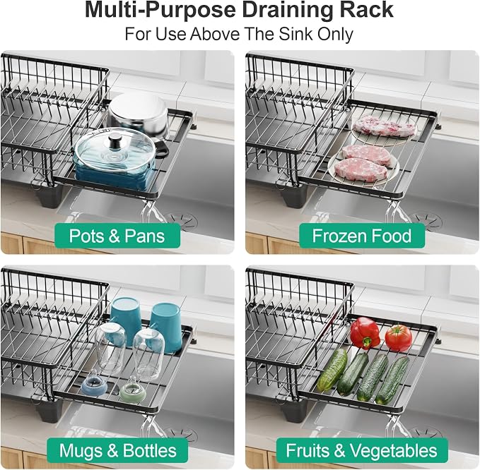 GSlife Expandable Dish Drying Rack - Over Sink & Countertop Use, Black | 12.6"-22.4" Adjustable Length, Extra Drying Space, Auto-Drain Spout, Large-Capacity, Removable Utensil Holder, Rust-Resistant - Image 8