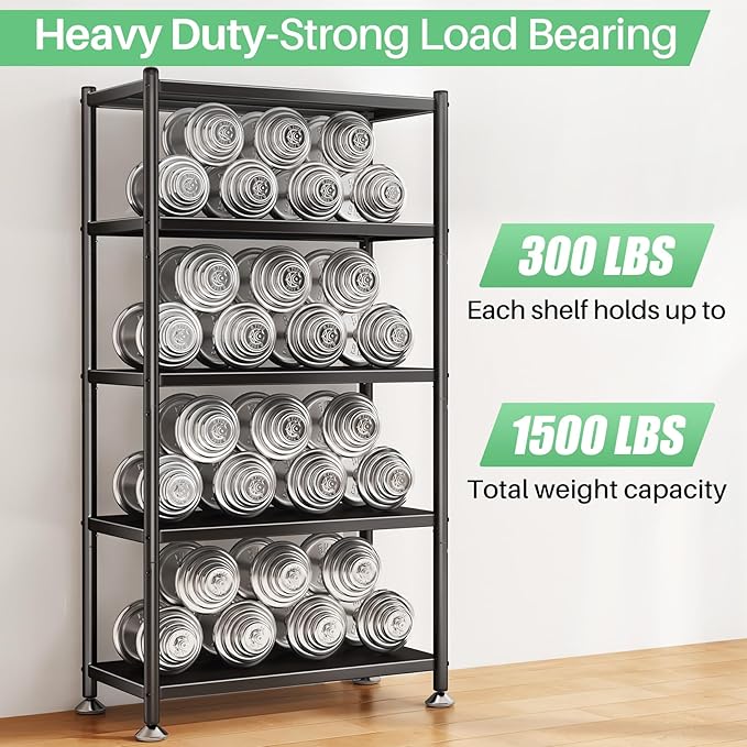 5 Tier Adjustable Storage Shelves, Heavy Duty Metal Storage Rack with Wheels, Shelving Units Utility Shelf for Kitchen, Pantry, Bathroom, Garage, Office Organization and Storage, Black, 13"x24"x59.7" - Image 3