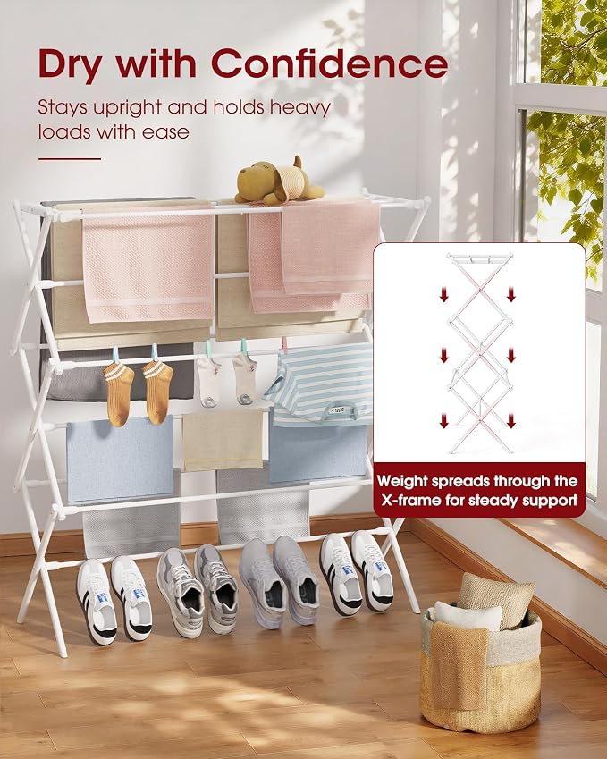 Sakugi Foldable 3-Tier Clothes Drying Rack 42.1" H with Non-Slip Feet | Indoor & Outdoor Use, Space Saving, Metal Frame, 14.6" D x 39.4" W, White - Image 2