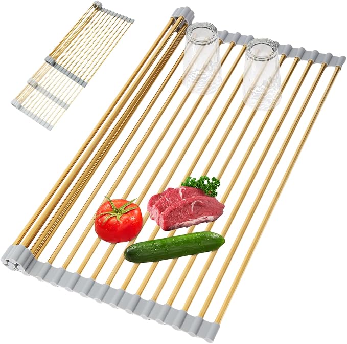 Golden Expandable Roll-UP Dish Drying Rack-Large 304 Stainless Steel Dish Drainer Over The Sink for Kitchen Countertop,Extendable & Rollable & Food Grade (Gold,22.08'x 13.2') by HAYAWEY