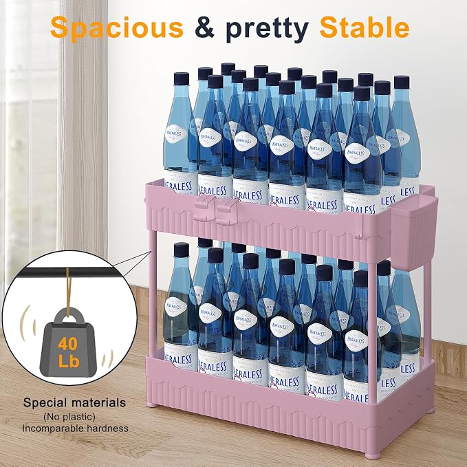 2-Pack Under Sink Organizer with Hooks & Hanging Cup for Kitchen | Multi-use kitchen & bathroom storage, 12.8 inch pink cabinet organizer, with hooks and hanging cup for easy access. - Image 3