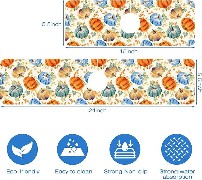 Thanksgiving Colorful Pumpkin Dish Drying Mat for Kitchen Sink Splash Guard Behind Faucet Sink Mat Absorbent Fast Drying Faucet Draining Mat for Bathroom Kitchen 5.5"×24" - Image 3