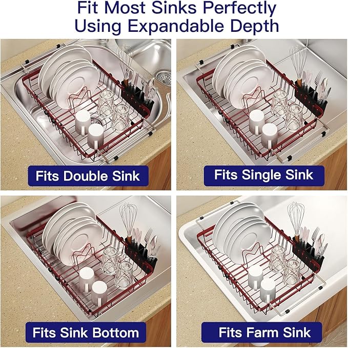 Red Dish Drying Rack Over The Sink with Utensil Holder, Mat | Expandable Stainless Steel Dish Drainer for Small Kitchen, Apartment, RV, Counter Space Saving, Perfect Fit, Rustproof - Image 5