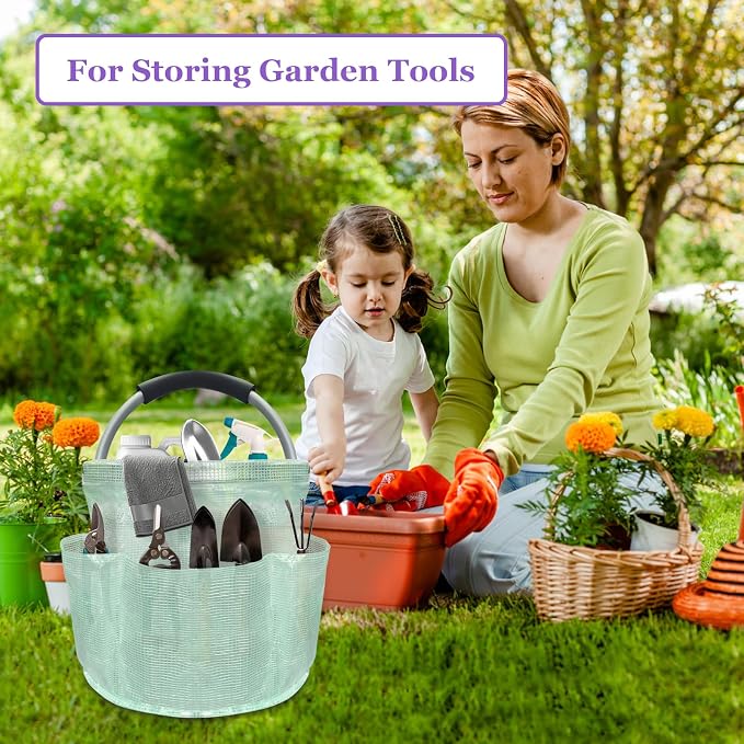17L Cleaning Caddy for Cleaning Supplies, Foldable Tool Bucket Organizer with 6 Side Pockets, Portable Garden Tool Bag in PVC Resin, Folding Storage Basket for Camping, Gardening, Green - Image 8