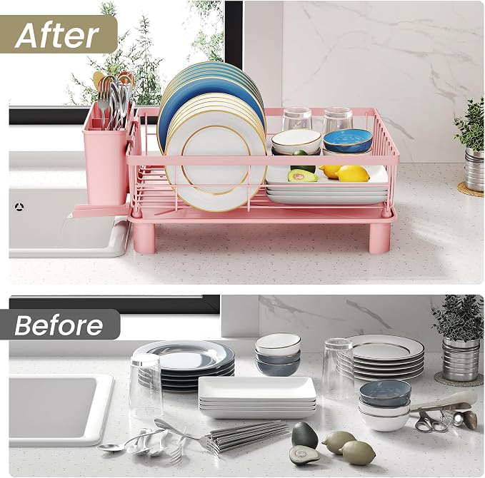 SNTD Dish Drying Rack for Small Kitchen Counter, 11" W x 15" L, Pink | Space Saving, Rotating Spout & Angled Drainboard for Quick Drainage, Stainless Steel, Removable Utensil Holder - Image 8