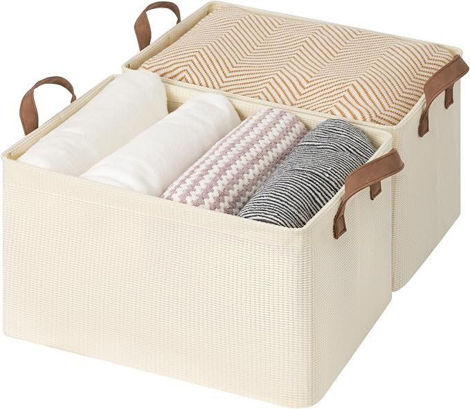 StorageWorks Closet Storage Bins, Storage Baskets for Shelf, Beige, 2-Pack | Large, With Reinforced PU Handles, Metal Frame, Collapsible, Basket for Shelves, Closet, Holds Clothes, Towels, Blankets by StorageWorks
