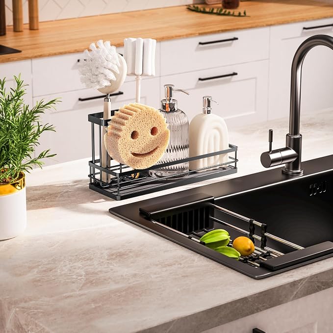 galasily Sink Caddy Organizer with Water Absorbing Stone Tray, Instant Dry Sponge Holder Smiley Face, Dish Brush Holder for Countertop, Kitchen Storage Accessories and Organization Essentials (Black) - Image 6