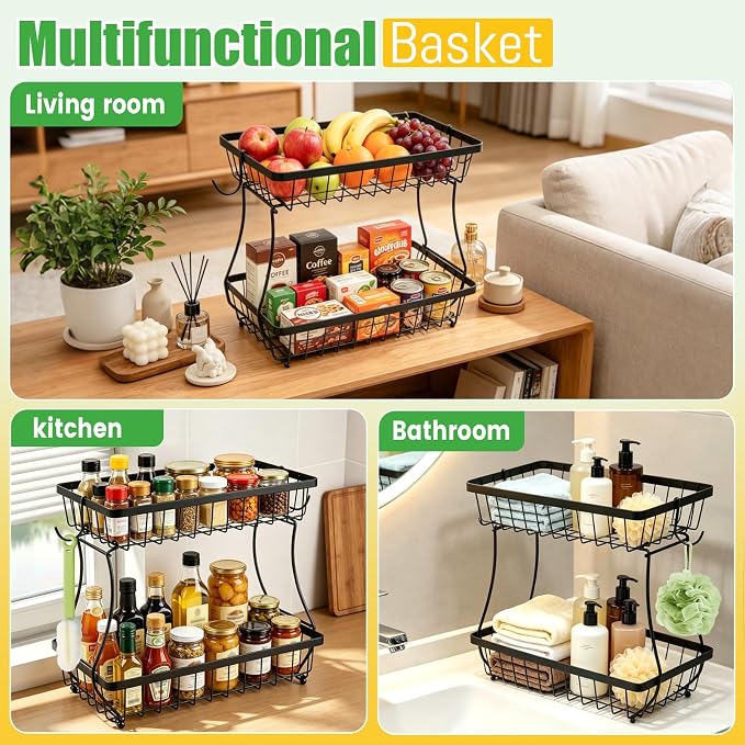 2-Tier Fruit Basket for Kitchen Counter with 2 Banana Hangers | Large Metal Fruit Bowl, Versatile Holder for Veggies, Produce Storage, 12.5"×7.5"×12"-Black - Image 7