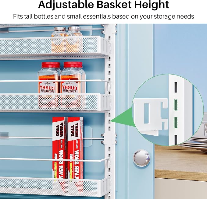 SNTD 8 Tiers Over the Door Organizer, 17" W x 6" D x 69" H, White | Pantry Door Organizers and Storage, Height Adjustable Spice Rack, Dense Mesh Baskets, Anti-Swing, Adjustable Door Fastener - Image 3