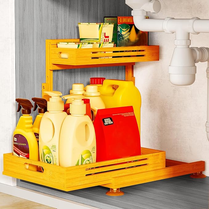 Under Sink Organizer, Premium Bamboo Wood Pull Out Cabinet Organizer, 2 Tier Slide Out Sink Shelf Cabinet Storage Shelves, Under Sink Storage for Kitchen Bathroom Cabinet by Banlilu