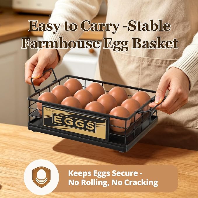 Farmhouse Egg Holder Countertop, Oak Wood & Metal Egg Basket with Handles | Stackable Rustic Egg Tray Organizer for Kitchen Counter, Holds 12 Eggs, Removable Divider for Fresh Egg Storage, Black - Image 2