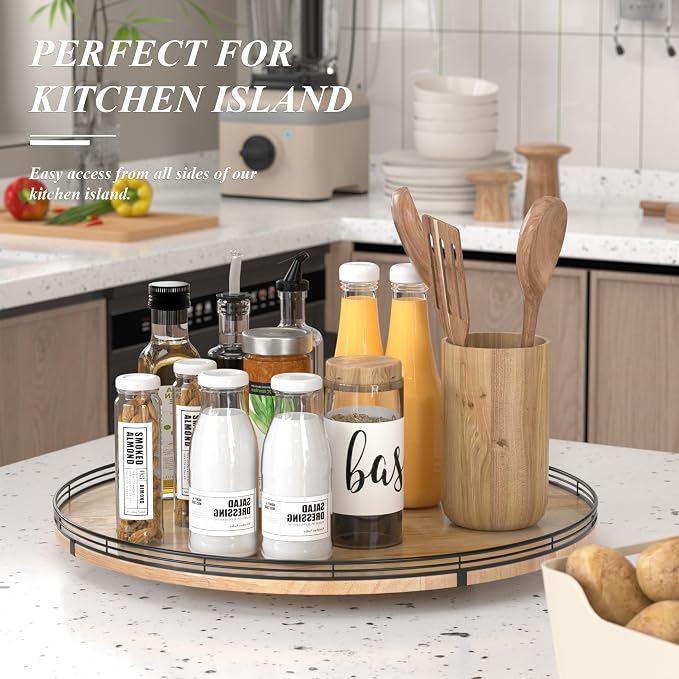 AMH 24-Inch Extra Large Farmhouse Oak Lazy Susan Organizer | Smooth rotating oak tray with walnut finish for dining tables, kitchen counters, pantries and cabinet storage. - Image 4