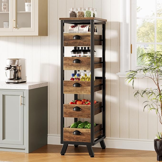 Tribesigns 5-Tier Narrow Kitchen Stand Fruit and Vegetable Storage Rack | Wood Corner Snack Stand Kitchen Stand Fruit Basket, Pull-Out Utility Organizer for Kitchen, Living Room, Rustic Brown - Image 4