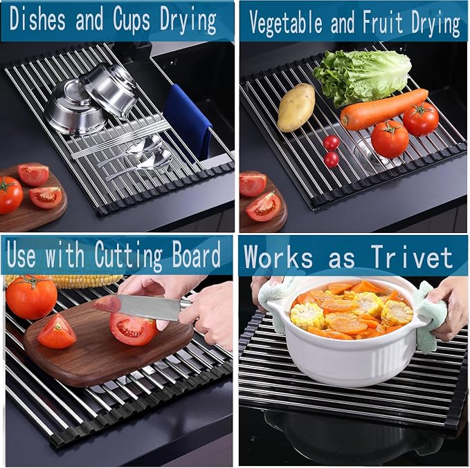 Roll-Up Sink Drying Rack 17.7"(L) x 13.8"(W) - Multipurpose Heat Resistant Over The Stainless Steel & Silicone Dish Rollable Kitchen Drainer, Black - Image 3