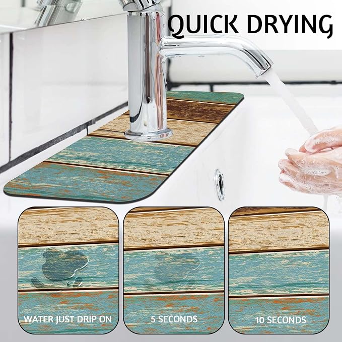 MCALK Wood Pattern Teal Kitchen Sink Faucet Mat Splash Guard, Absorbent Quick-Dry Kitchen Sink Mat - Ideal for Splash Guard & Drip Catching with Farmhouse Art Decor( 1pc 15"x5.5") - Image 2