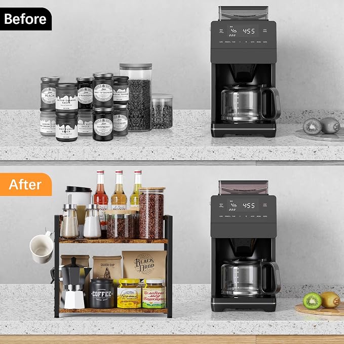 Spice-Rack-Organizer-Shelf for Kitchen Counter, 2 Tiers Coffee Bar Station Organizer for Countertop，Space Saving Desk Shelving Riser Unit (Rustic Brown, Small) - Image 6